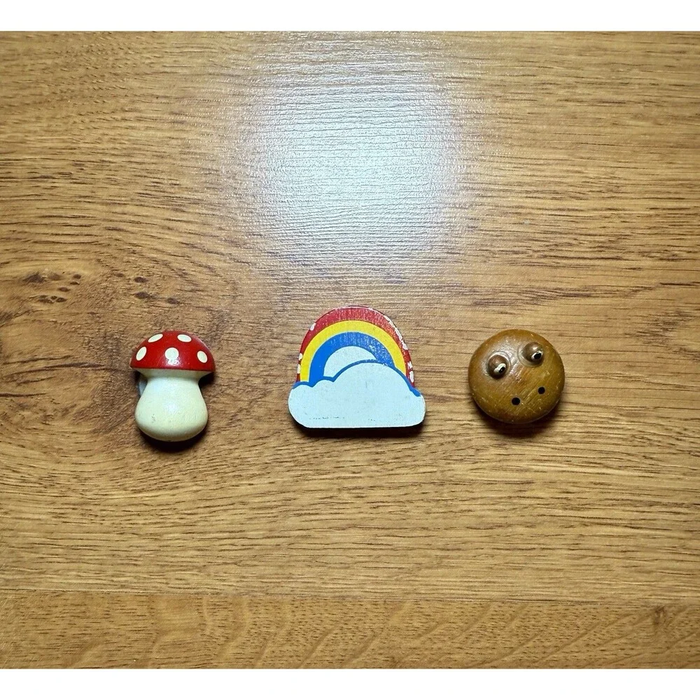 Vtg 70s Wooden Mushroom‎ Rainbow Frog Magnet Lot Retro Hippie Boho Decor Russ
